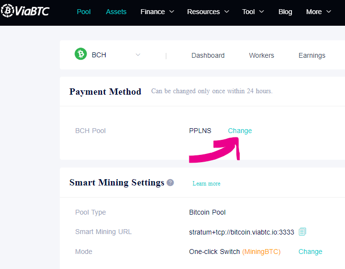 Screenshot Change Mining Payment Settin4gs