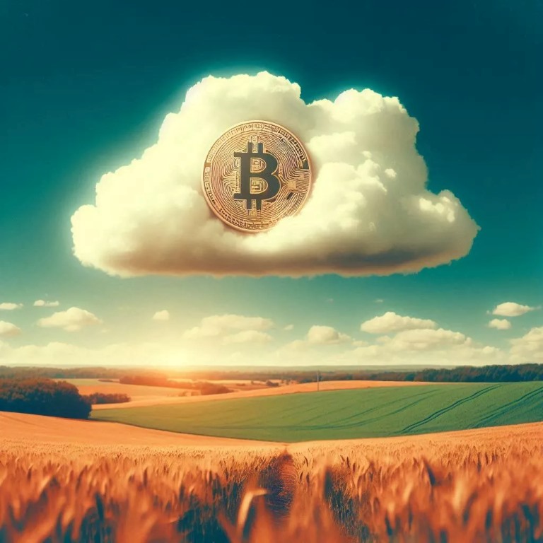 Bitcoin within a cloud over field